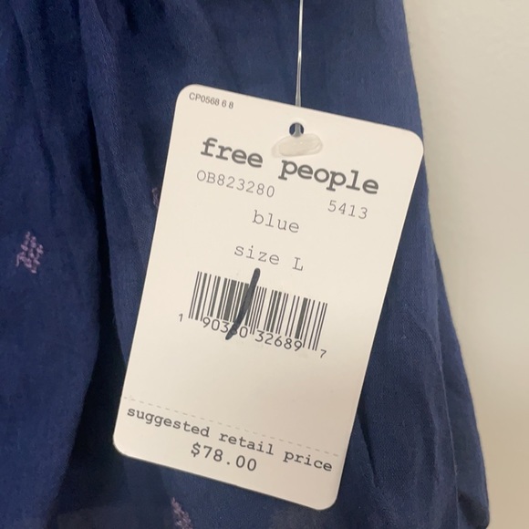 Free People, super cute  navy tie-at-shoulders top, L NWT - Picture 4 of 11